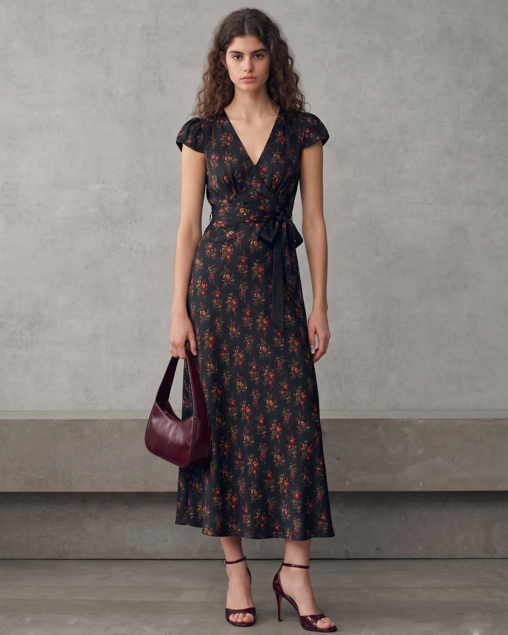 Floral Print V-Neck French Midi Dress