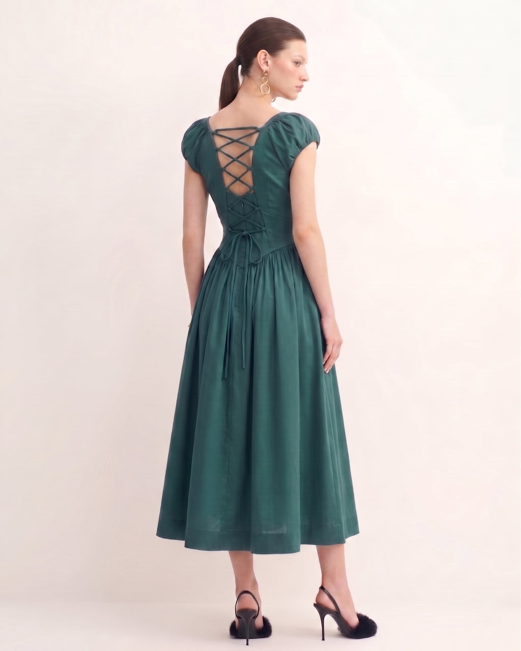 Cotton V-Neck Side Pockets Midi Dress