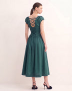 Cotton V-Neck Side Pockets Midi Dress