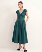 Cotton V-Neck Side Pockets Midi Dress