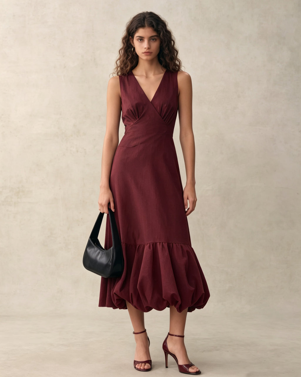 Pleated Hem V-Neck Vintage Midi Dress