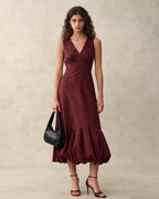 Pleated Hem V-Neck Vintage Midi Dress