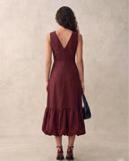 Pleated Hem V-Neck Vintage Midi Dress