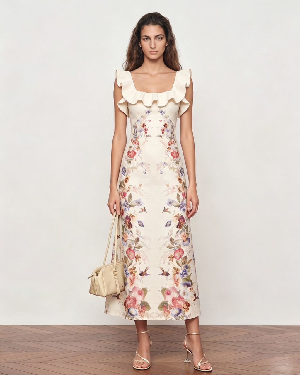 Lyocell Linen Floral Print Ruffle Square Neck Midi Dress
