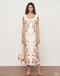 Lyocell Linen Floral Print Ruffle Square Neck Midi Dress