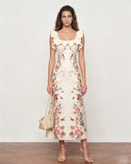 Lyocell Linen Floral Print Ruffle Square Neck Midi Dress