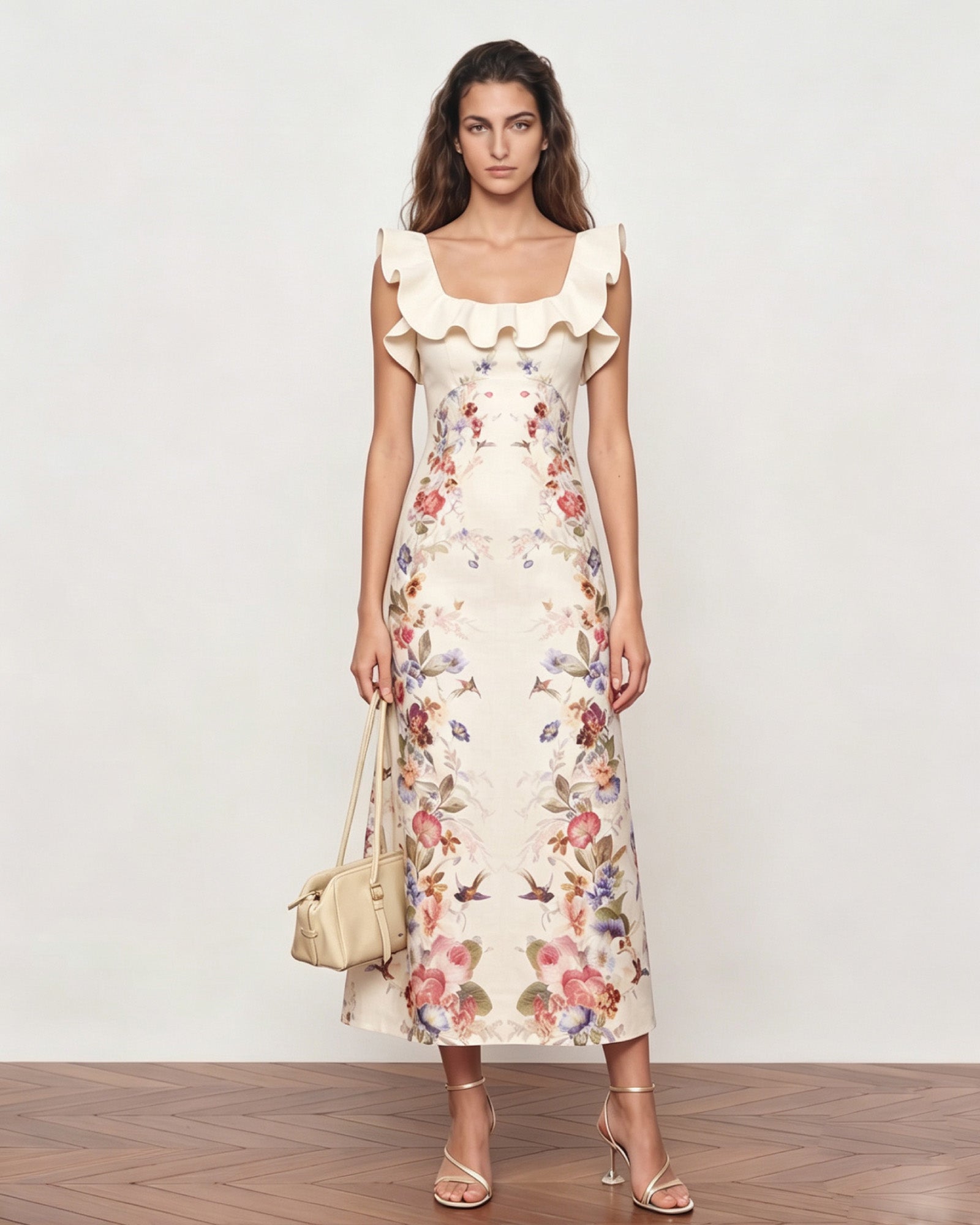 Lyocell Linen Floral Print Ruffle Square Neck Midi Dress