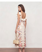 Lyocell Linen Floral Print Ruffle Square Neck Midi Dress