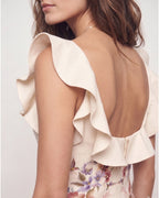 Lyocell Linen Floral Print Ruffle Square Neck Midi Dress
