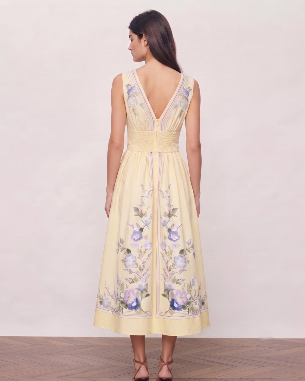 Floral Print V-Neck Vintage Midi Dress