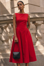 Side Pocket Full Skirt Vintage Midi Dress