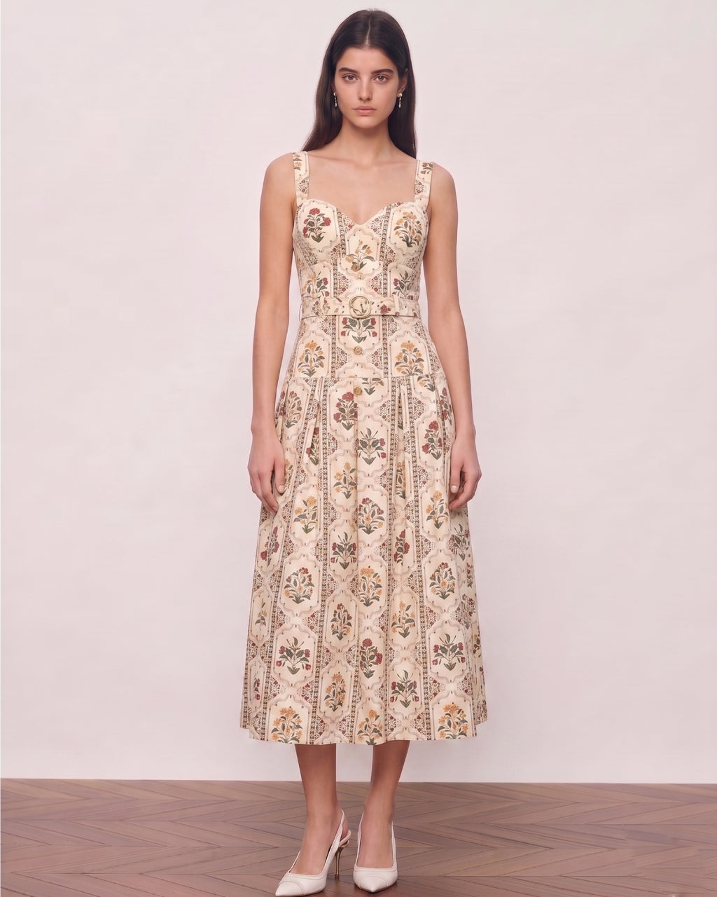 Vintage Print Built-In Bra Cups Spaghetti Strap Midi Dress