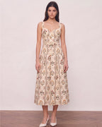 Vintage Print Built-In Bra Cups Spaghetti Strap Midi Dress