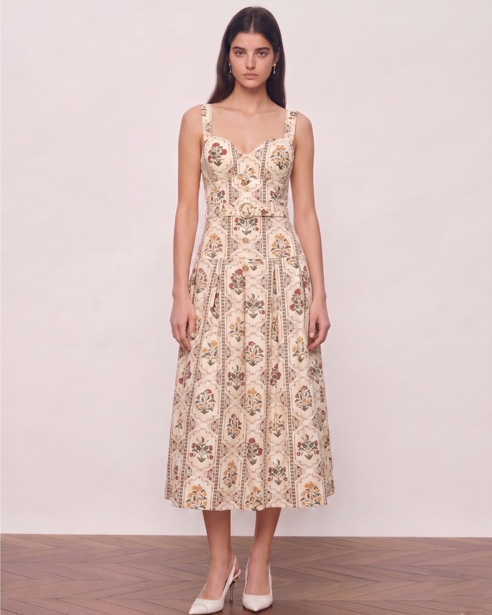 Vintage Print Built-In Bra Cups Spaghetti Strap Midi Dress