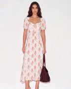 Lyocell Floral Print Puff Sleeve French Midi Dress
