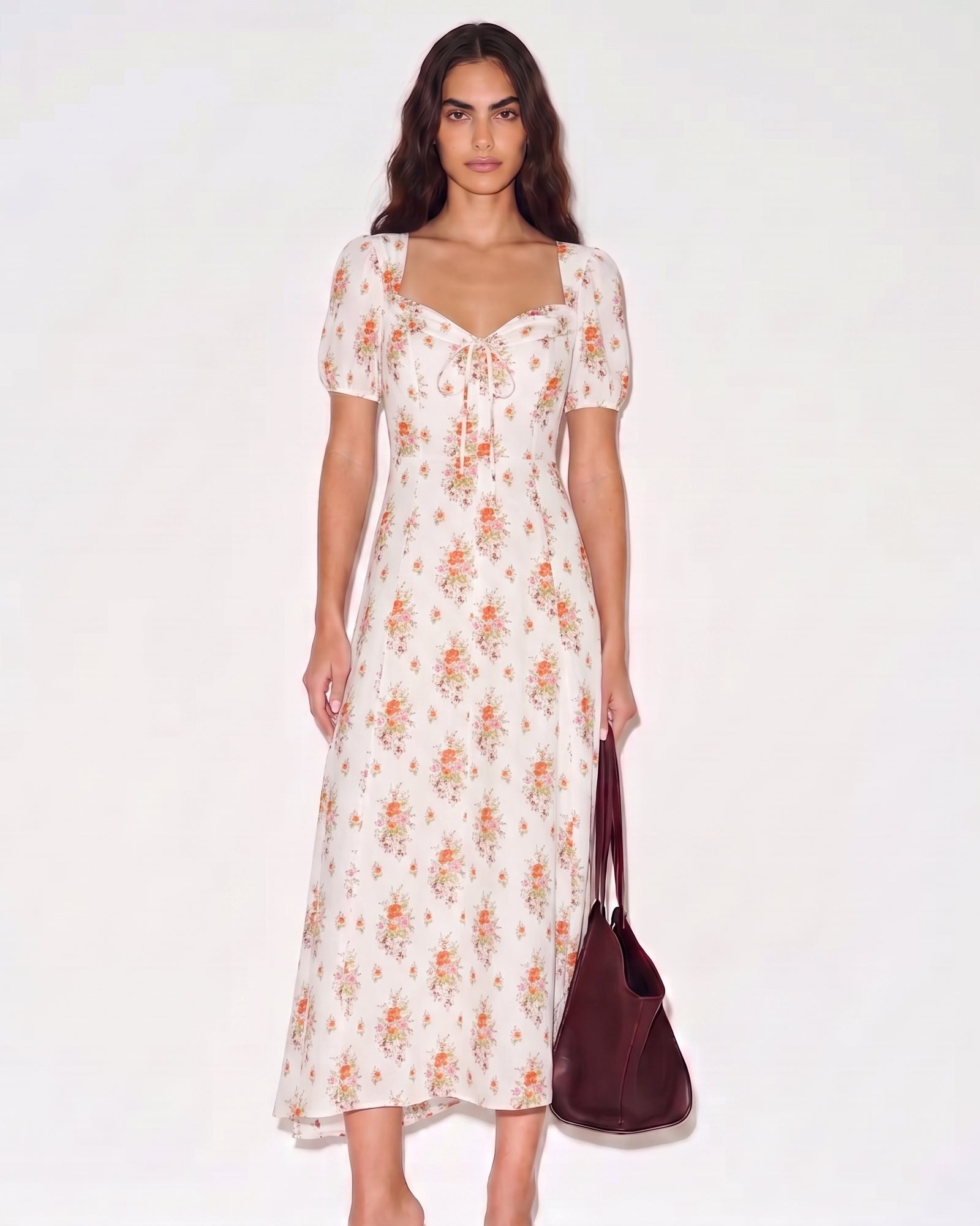 Lyocell Floral Print Puff Sleeve French Midi Dress