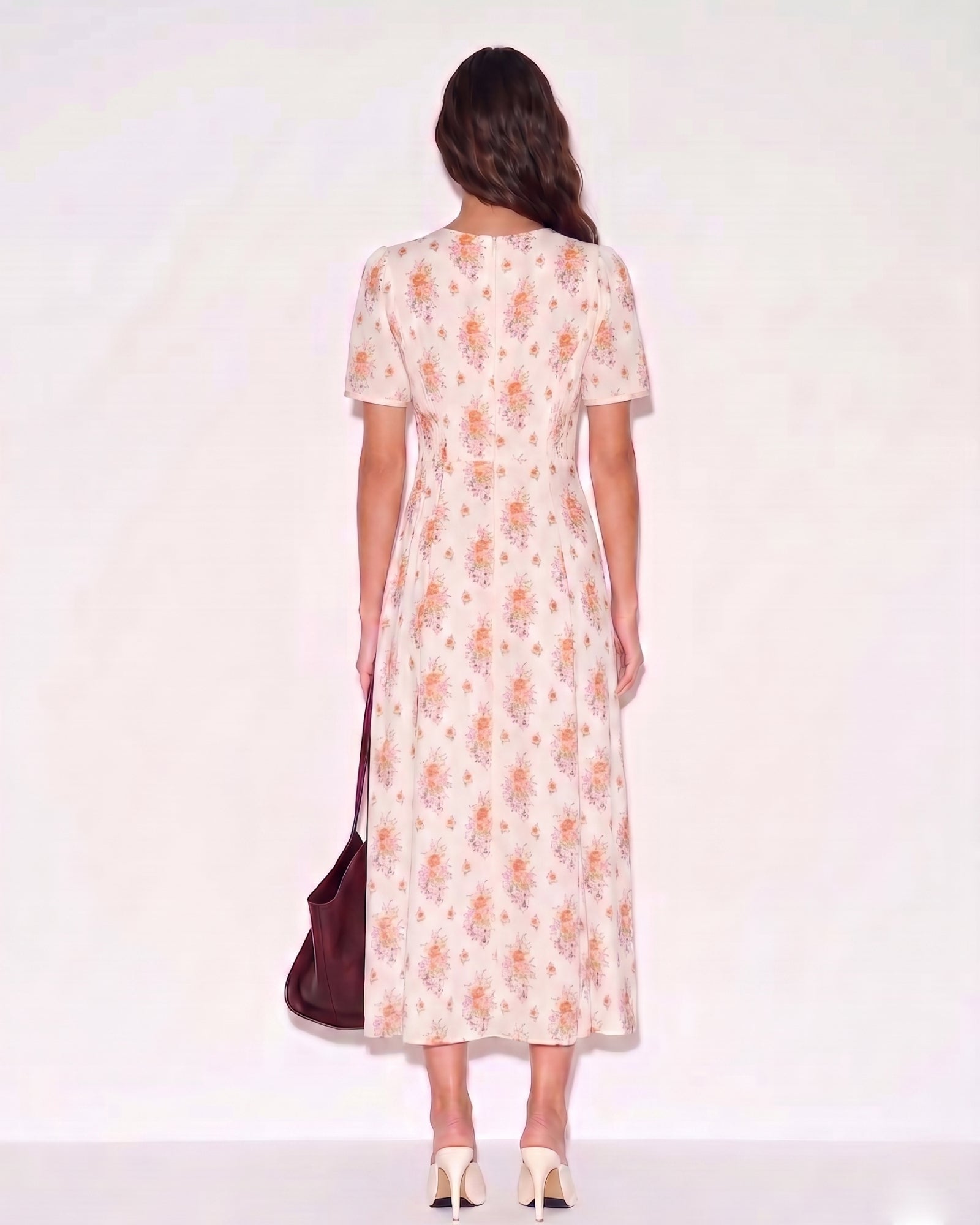 Lyocell Floral Print Puff Sleeve French Midi Dress