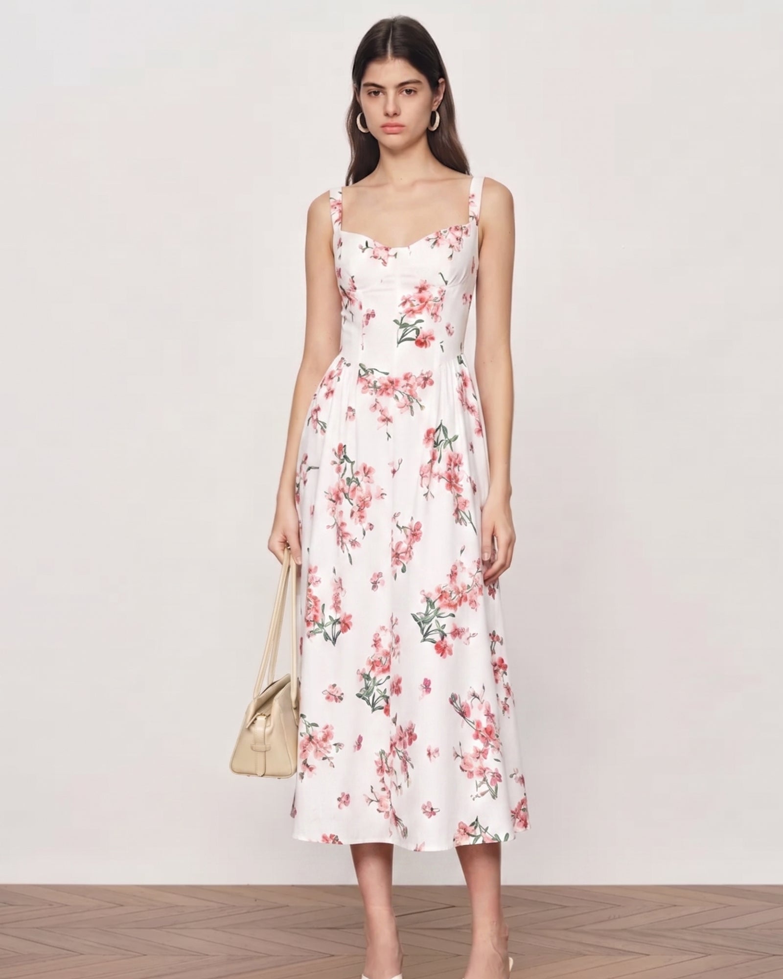 Floral Print Built-In Bra Cups Spaghetti Strap Midi Dress