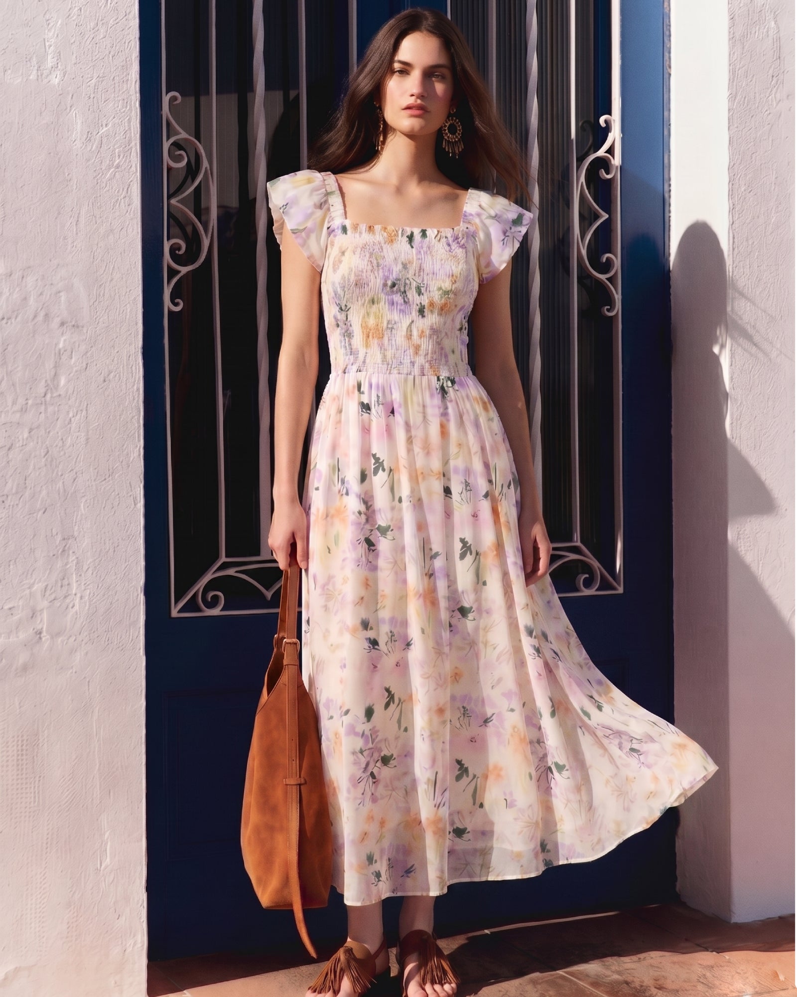 Floral Print Shirred Detail Romantic Midi Dress