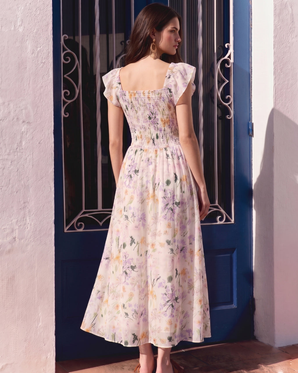 Floral Print Shirred Detail Romantic Midi Dress