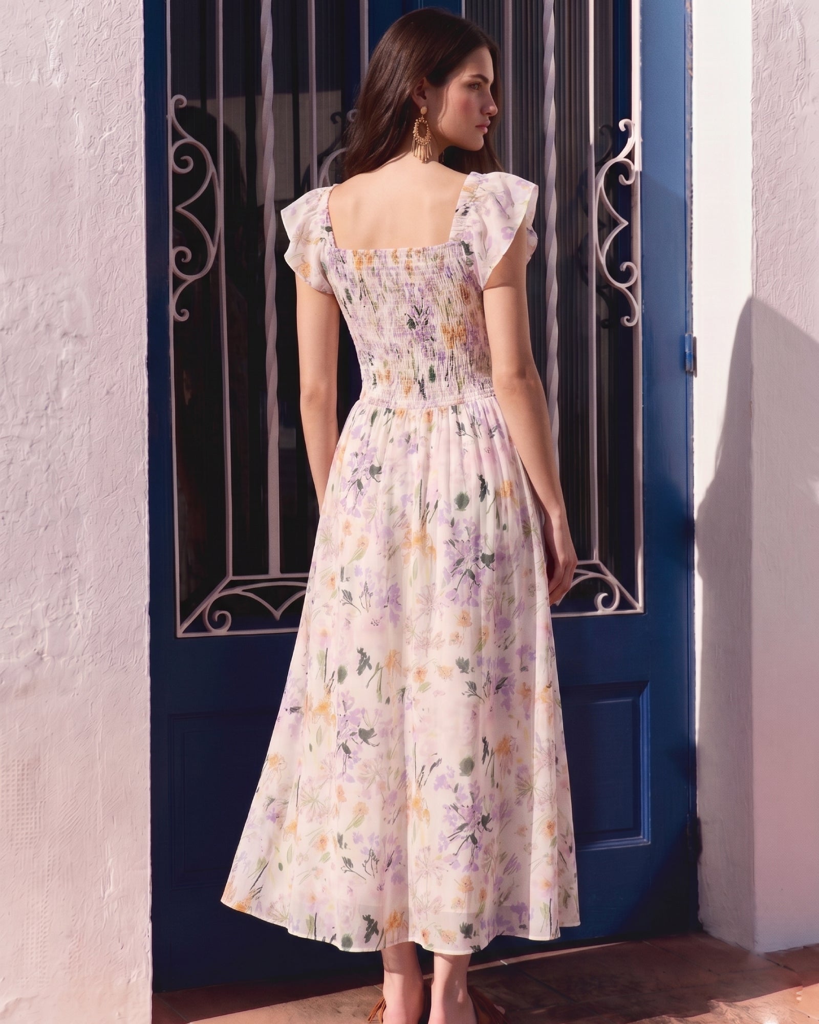 Floral Print Shirred Detail Romantic Midi Dress