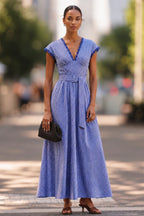Cotton Linen Plaid Print Lace Trim Maxi Dress