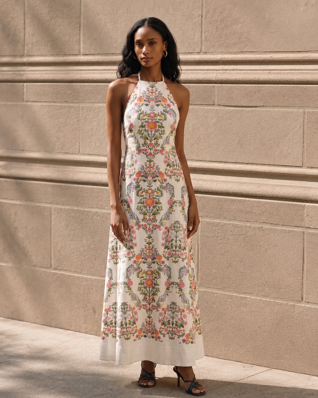 Lyocell Linen Geometric Print Maxi Dress