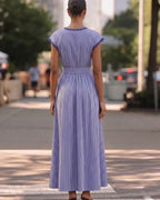 Cotton Linen Plaid Print Lace Trim Maxi Dress