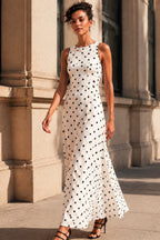 Cotton Linen Polka Dot Print Vintage Maxi Dress