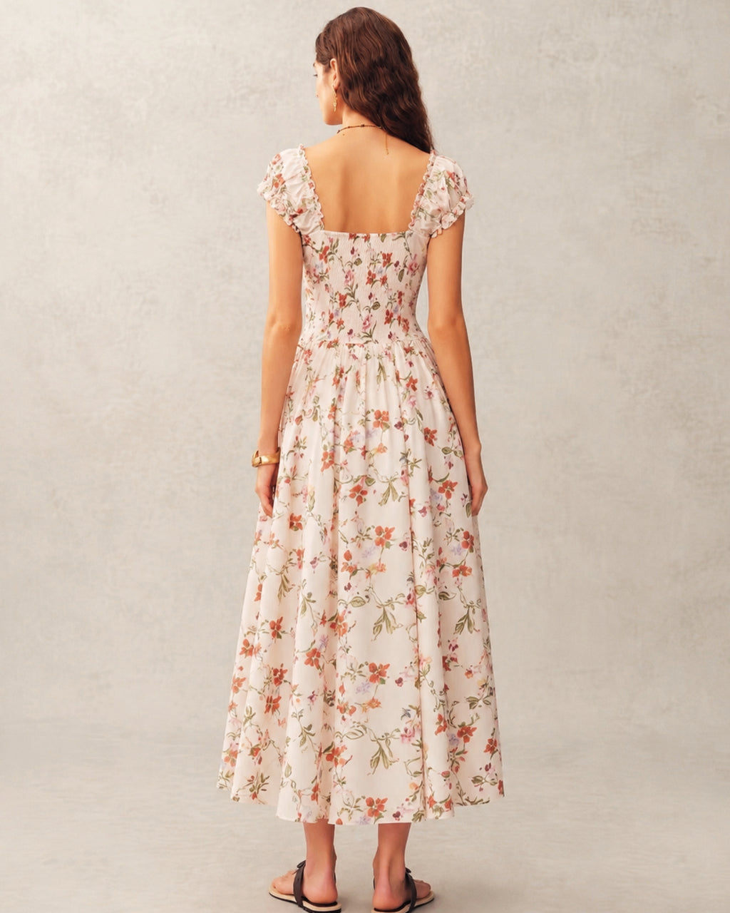 Floral Print Smocked Back French Midi Dress