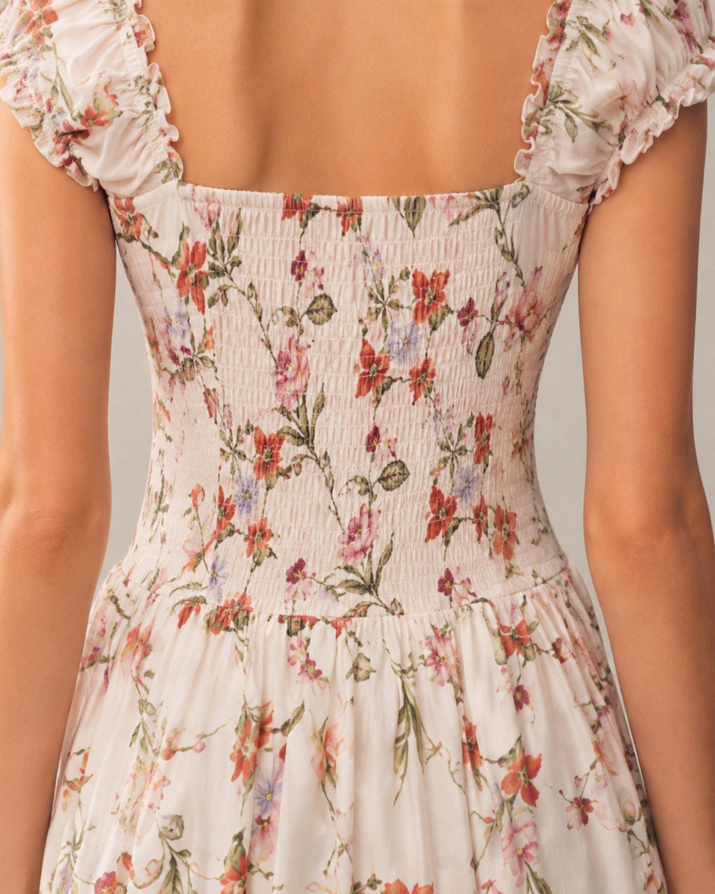 Floral Print Smocked Back French Midi Dress