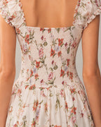 Floral Print Smocked Back French Midi Dress