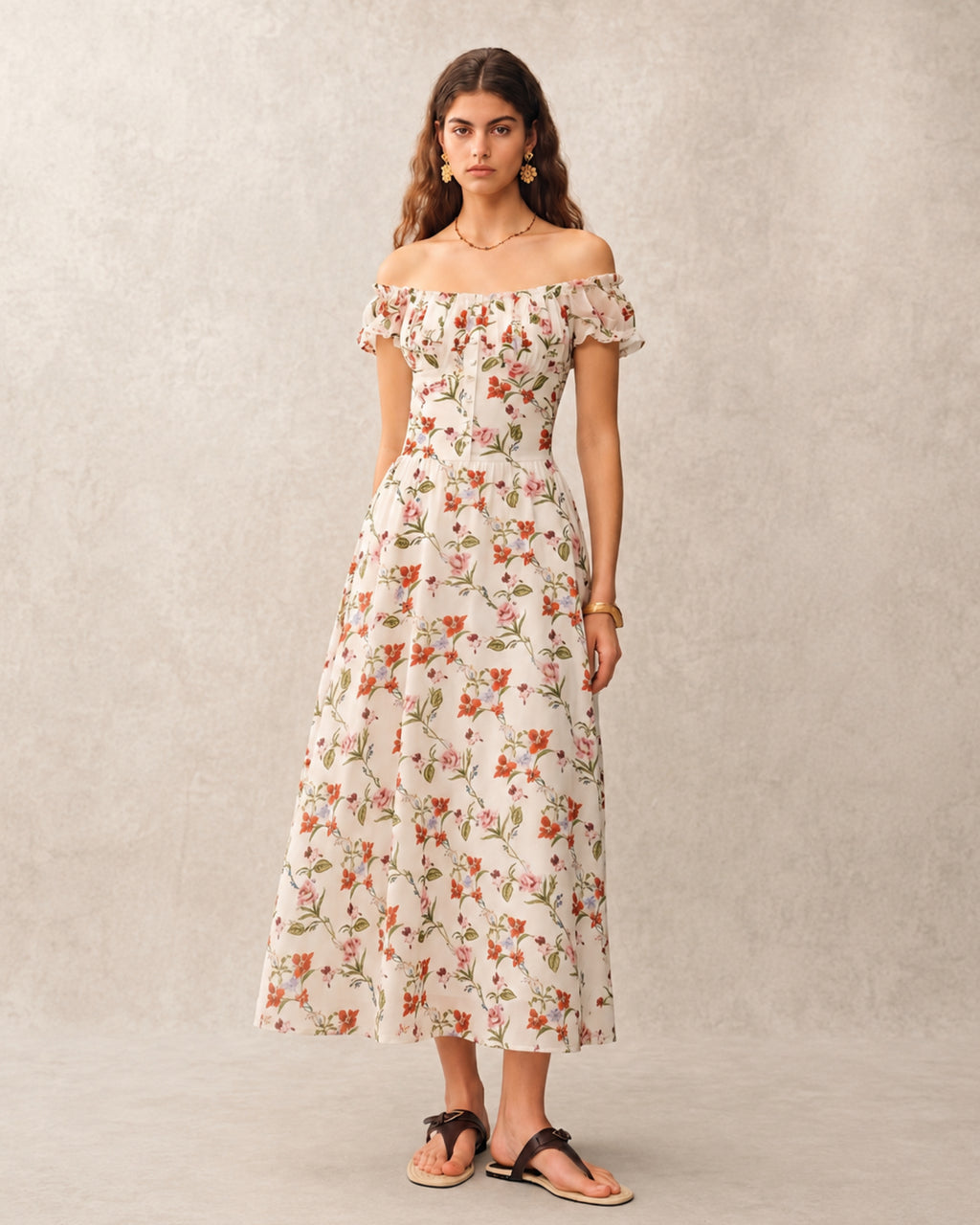 Floral Print Smocked Back French Midi Dress