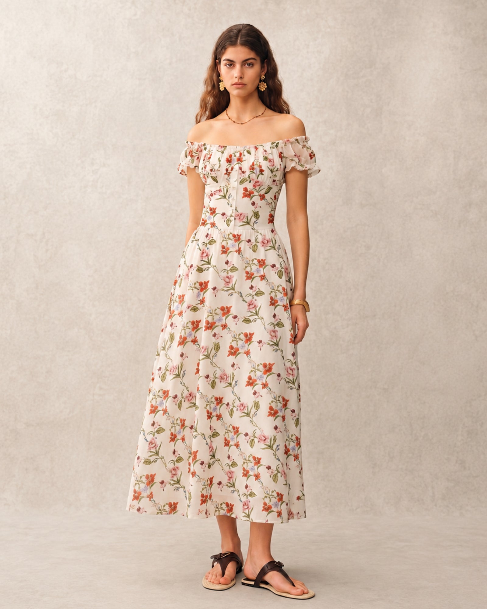 Floral Print Smocked Back French Midi Dress