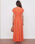 Cotton Linen Pleated V-Neck Maxi Dress
