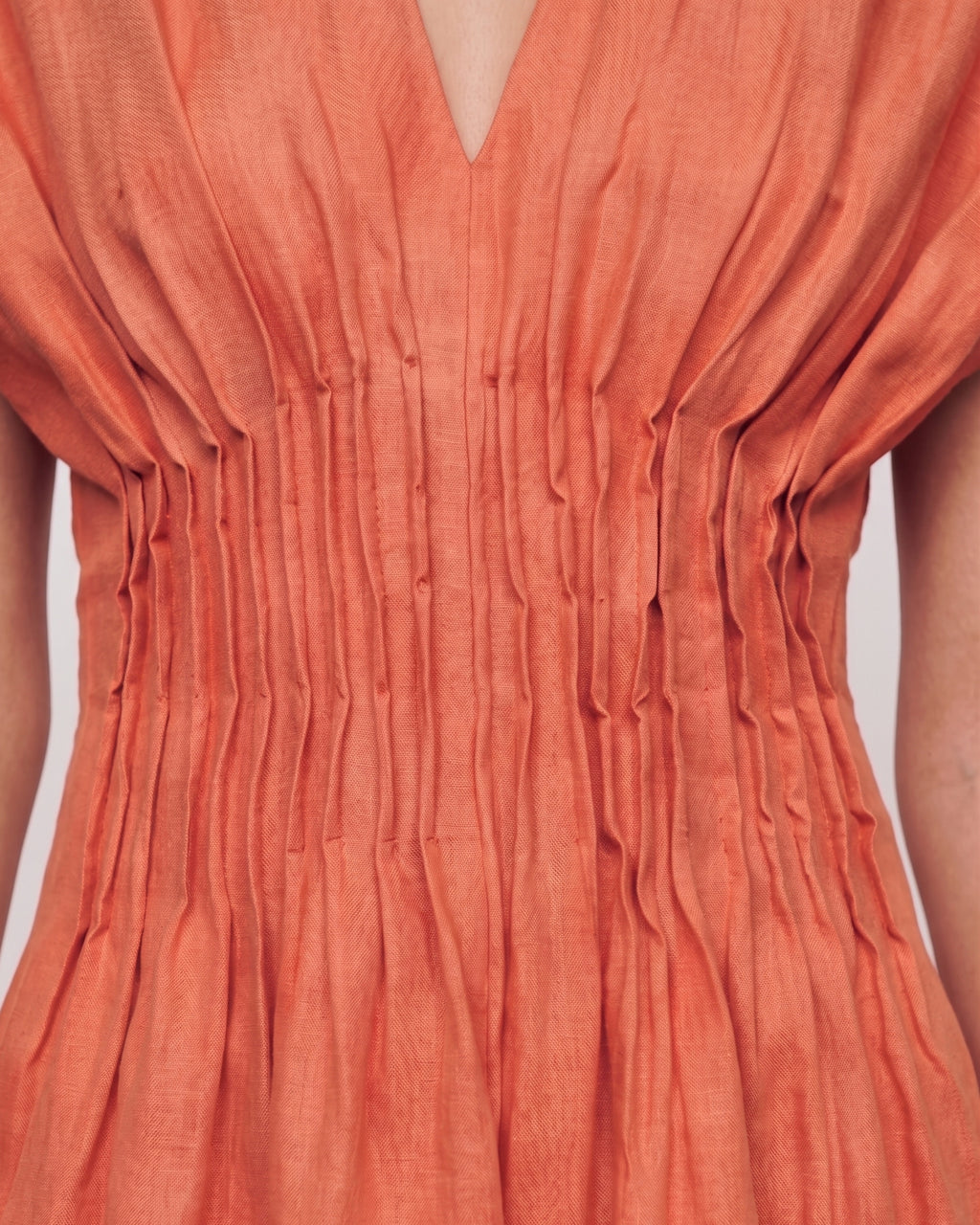 Cotton Linen Pleated V-Neck Maxi Dress