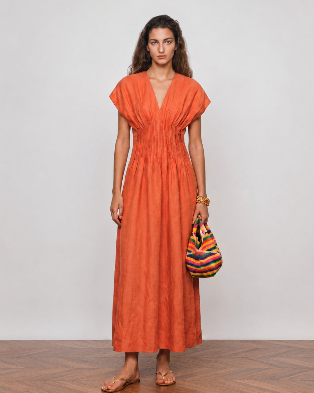 Cotton Linen Pleated V-Neck Maxi Dress