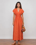Cotton Linen Pleated V-Neck Maxi Dress