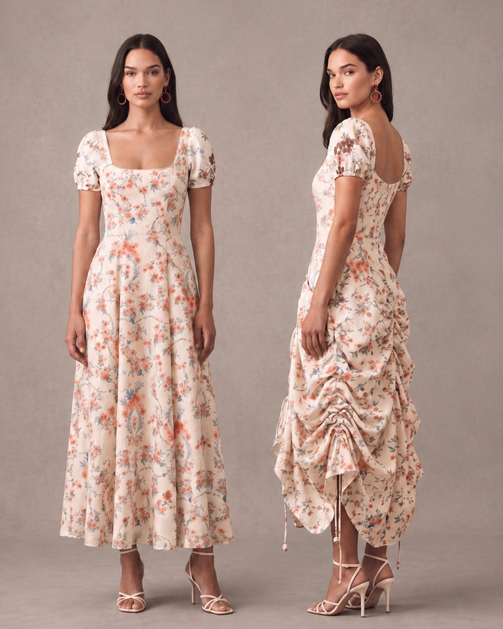Lyocell Linen Floral Print Puff Sleeve Vintage Midi Dress