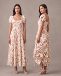 Lyocell Linen Floral Print Puff Sleeve Vintage Midi Dress