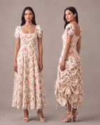 Lyocell Linen Floral Print Puff Sleeve Vintage Midi Dress