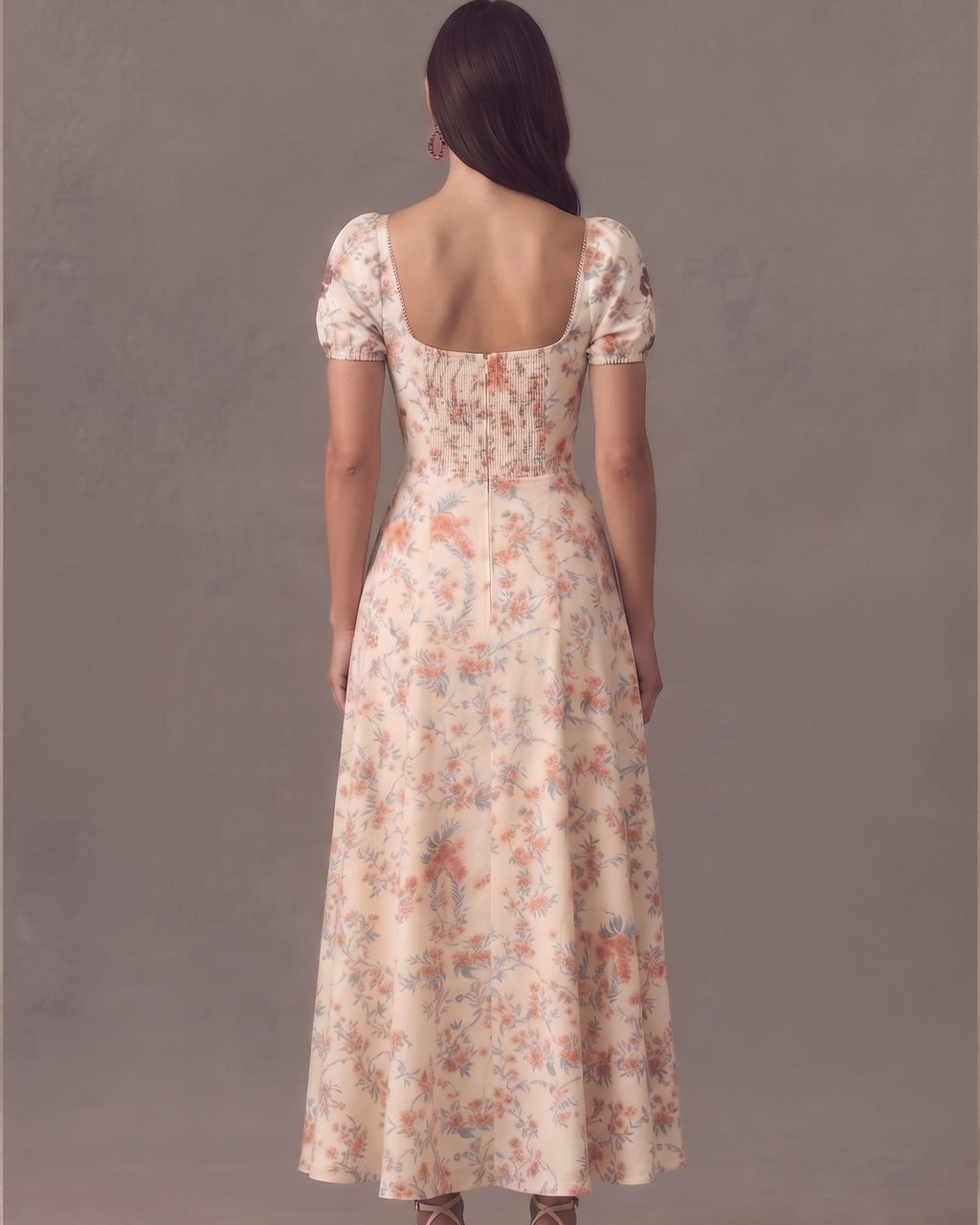 Lyocell Linen Floral Print Puff Sleeve Vintage Midi Dress