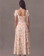 Lyocell Linen Floral Print Puff Sleeve Vintage Midi Dress