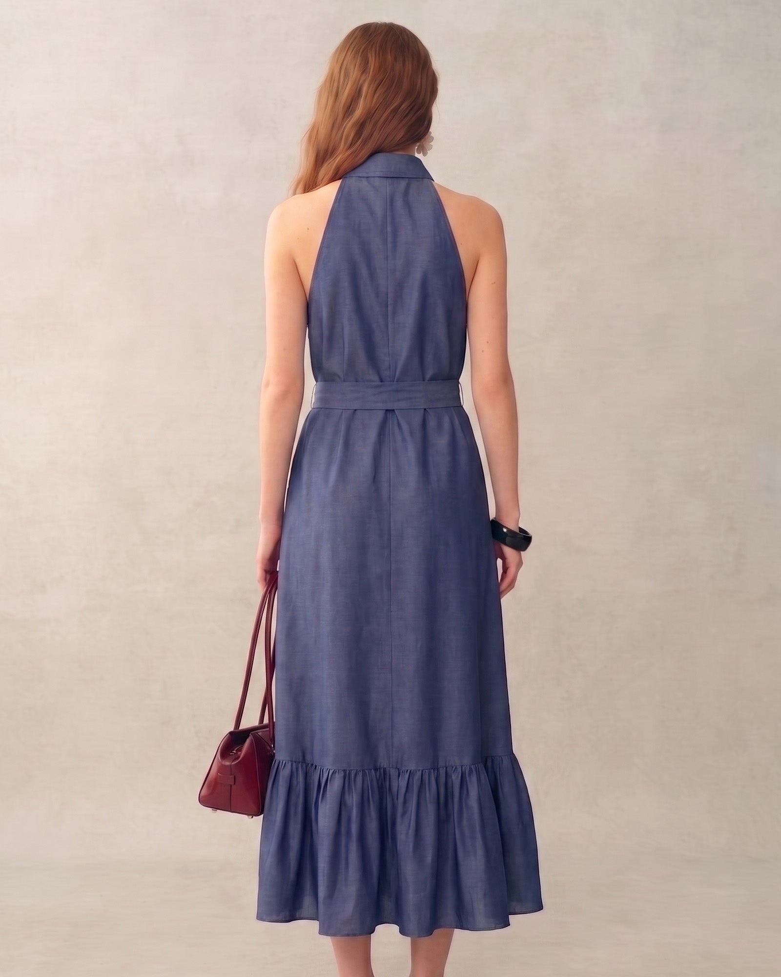 Lyocell Linen Shirt Collar Vintage Maxi Dress