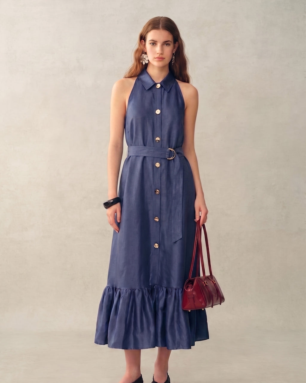Lyocell Linen Shirt Collar Vintage Maxi Dress