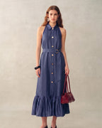 Lyocell Linen Shirt Collar Vintage Maxi Dress