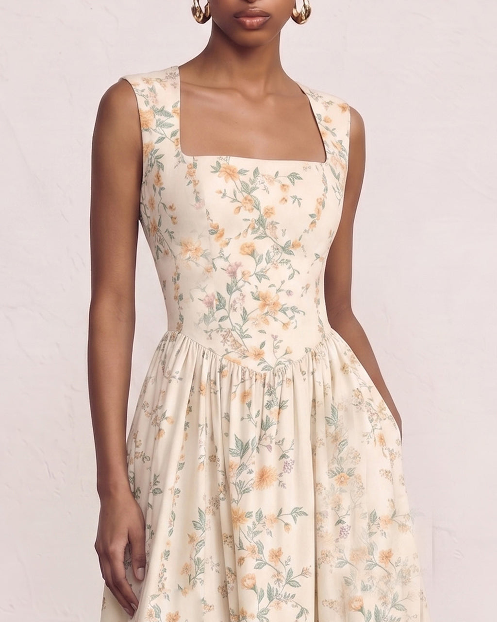 Floral Print Square Neck Vintage Midi Dress
