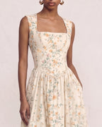 Floral Print Square Neck Vintage Midi Dress