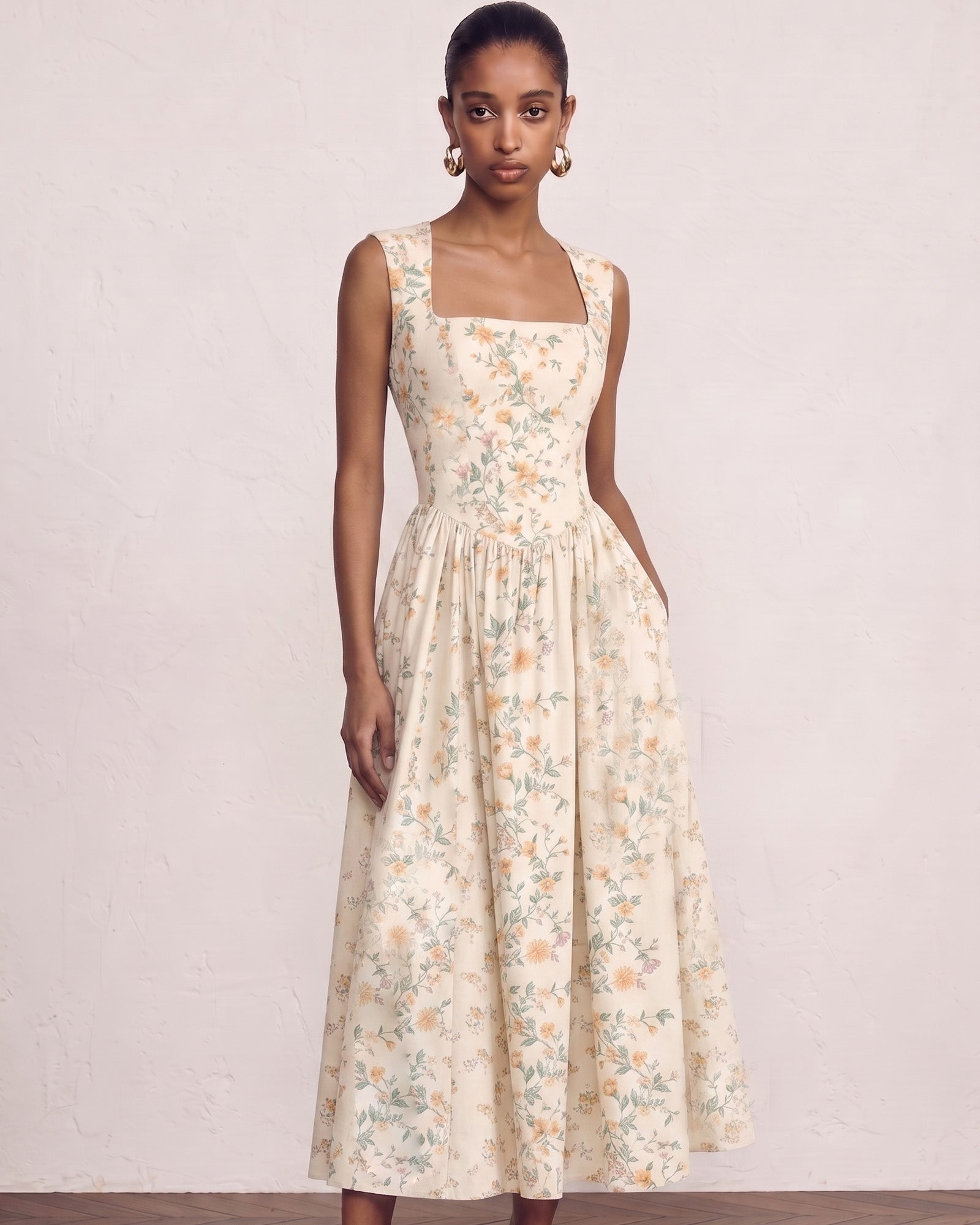 Floral Print Square Neck Vintage Midi Dress