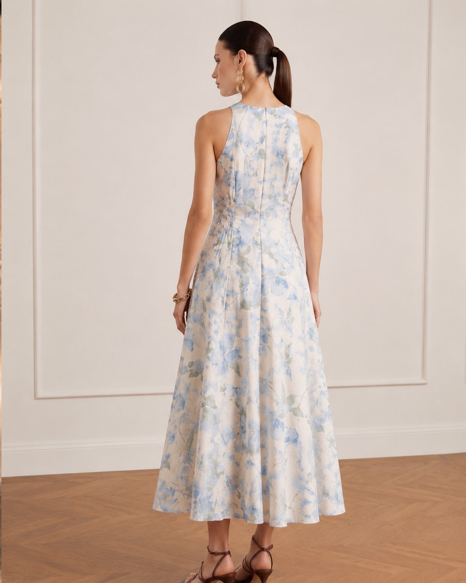 Lyocell Linen Floral Print Vintage Midi Dress